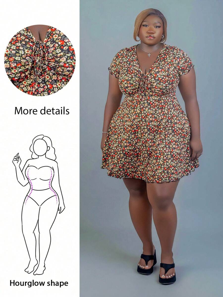 CurvyTilda Váy họa tiết hoa tay ngắn ôm vừa vặn cỡ lớn cho nữ mùa hè, váy hoa, quần áo trở lại trường, váy dạ hội - Nhiều màu - Xem 1