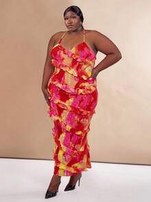 CurvyTilda Plus Tie Dye Ruffle Trim Cami Dress For Summer, For Hourglass Body Shape - Multicolor - View 3