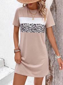 EMERY ROSE Women's Casual Leopard Print Patchwork Round Neck Short Sleeve Dress - Multicolor - View 6