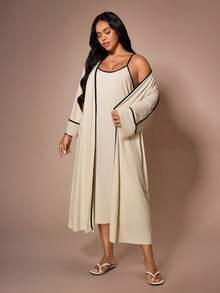 SHEIN Set de 2 piezas Bata de manga larga con diseño de tirantes de contraste + Camisón de talla grande - Albaricoque - Ver 6