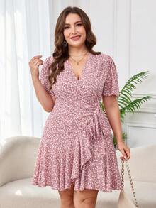 Ellevyn Đầm ngắn tay cổ chữ V thắt eo họa tiết hoa nhí xếp nếp phối nhiều mảnh dành cho nữ cỡ lớn - Hồng - Xem 8