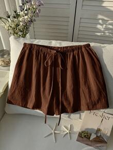 Comfortcana Plus Size Casual Loose Coffee Brown Drawstring Shorts, Spring/Summer Comfortable Cotton Drawstring Shorts - Coffee Brown - View 7