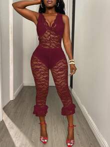 BamGleam Bộ jumpsuit nữ màu trơn cổ chữ V không tay, thời trang, gợi cảm, xuyên thấu. - Màu Đỏ Sâu - Xem 3