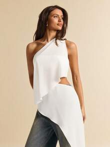 SHEIN BAE Áo kiểu voan mỏng màu mơ bất đối xứng, hở vai sau, thanh lịch, thích hợp cho đi chơi, du lịch, đi biển, dự đám cưới, ăn trưa. - trắng - Xem 4