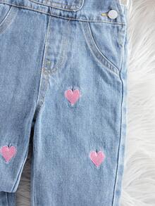 SHEIN 女婴粉色爱心刺绣蓝色牛仔连体衣 - 淺色水洗藍 - 查看 7