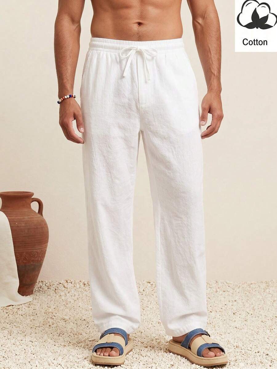 EASEVO Plus Size Men's Solid Color Drawstring Waist Straight Leg Casual Pants - White - View 1