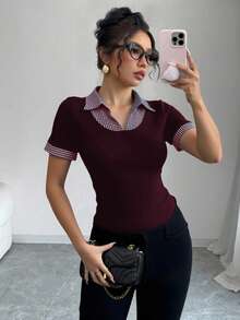 Rafferiza Women's Sports Style Ribbed Patchwork Plaid Ruffle Peter Pan Collar T-Shirt - Burgundy - View 4
