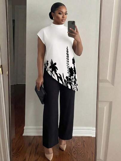 SHEIN Lady Plus Size Contrast Color Print Short Sleeve Top And Solid Color Pants 2 Piece Set, Minimalist Casual