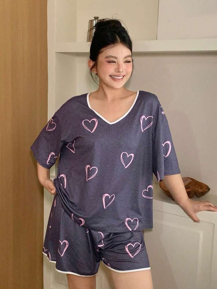 Dazy Plus Plus Size Women Heart Print Contrast Trim Loose Pajama Set, Spring/Summer