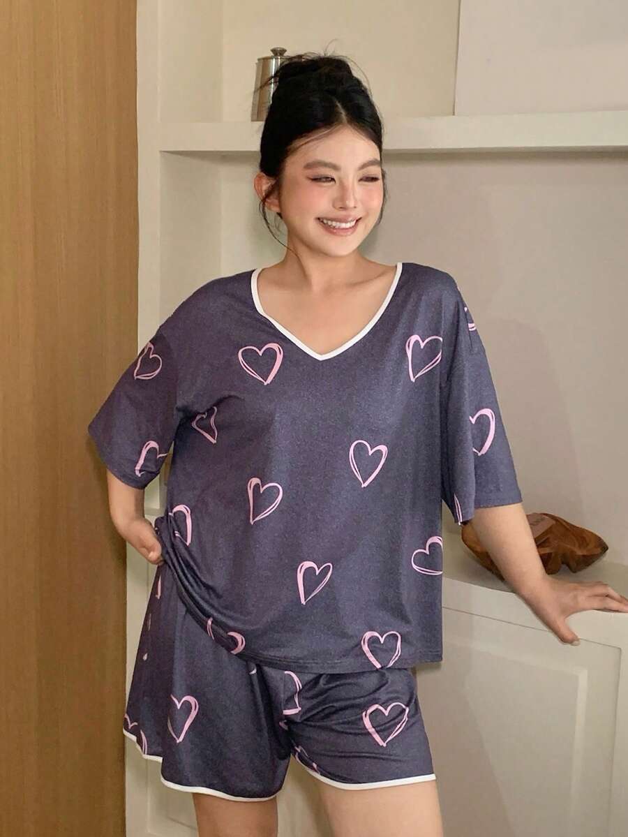 Dazy Plus 大码女式爱心印花撞色滚边宽松睡衣套装,春夏款 - 紫羅蘭色 - 查看 1