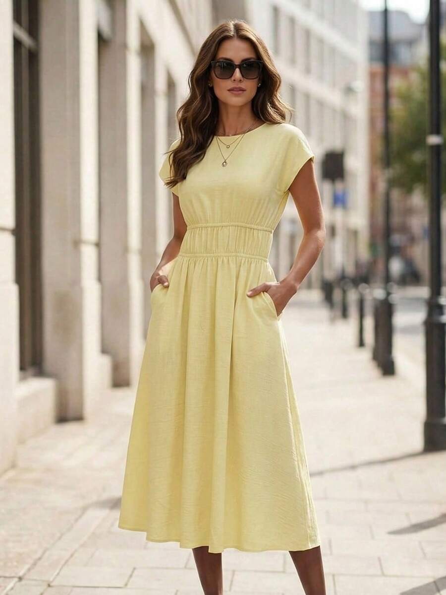 Editum Women's Pale Yellow Summer Casual Brunch Dress,Ruched Waist Flared Solid Color Elegant French Style Retro Country Work Outfits For Wedding Guest