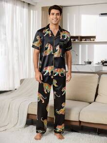 可爱卡通狗图案府绸翻领男士睡衣套装 - 彩色 - 查看 6