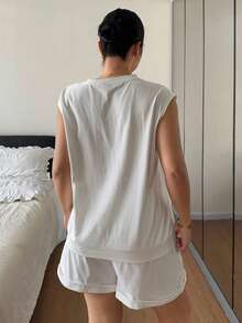 Dazy Plus Einfarbiges lässiges ärmelloses lockeres Top und Shorts Set, Frühling/Sommer Loungewear Pyjamas - Weiss - Übersicht 2