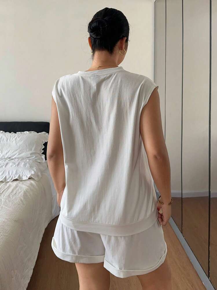 Dazy Plus Solid Color Casual Sleeveless Loose Top And Shorts Set, Spring/Summer Loungewear