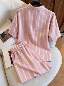 SHEIN 女士条纹单排扣上衣和短裤休闲日常穿搭 - 粉色 - 查看 2