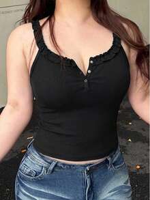 Dazy Plus Solid Color Half-Open Collar Fitted Elastic Cropped Camisole And Tank Top Summer - Black - View 4