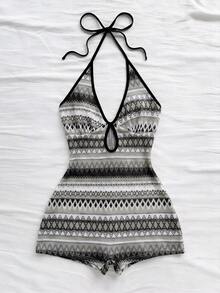 Soleia Bộ jumpsuit ngắn hở lưng, cổ yếm, nhiều màu sắc, dệt kim kẻ sọc, thích hợp cho mùa thu/đông, Halloween, năm mới, lễ hội hóa trang, tiệc tùng, hẹn hò, trà chiều, đi biển, mặc nhiều lớp hoặc khoác ngoài. - Xám - Xem 3
