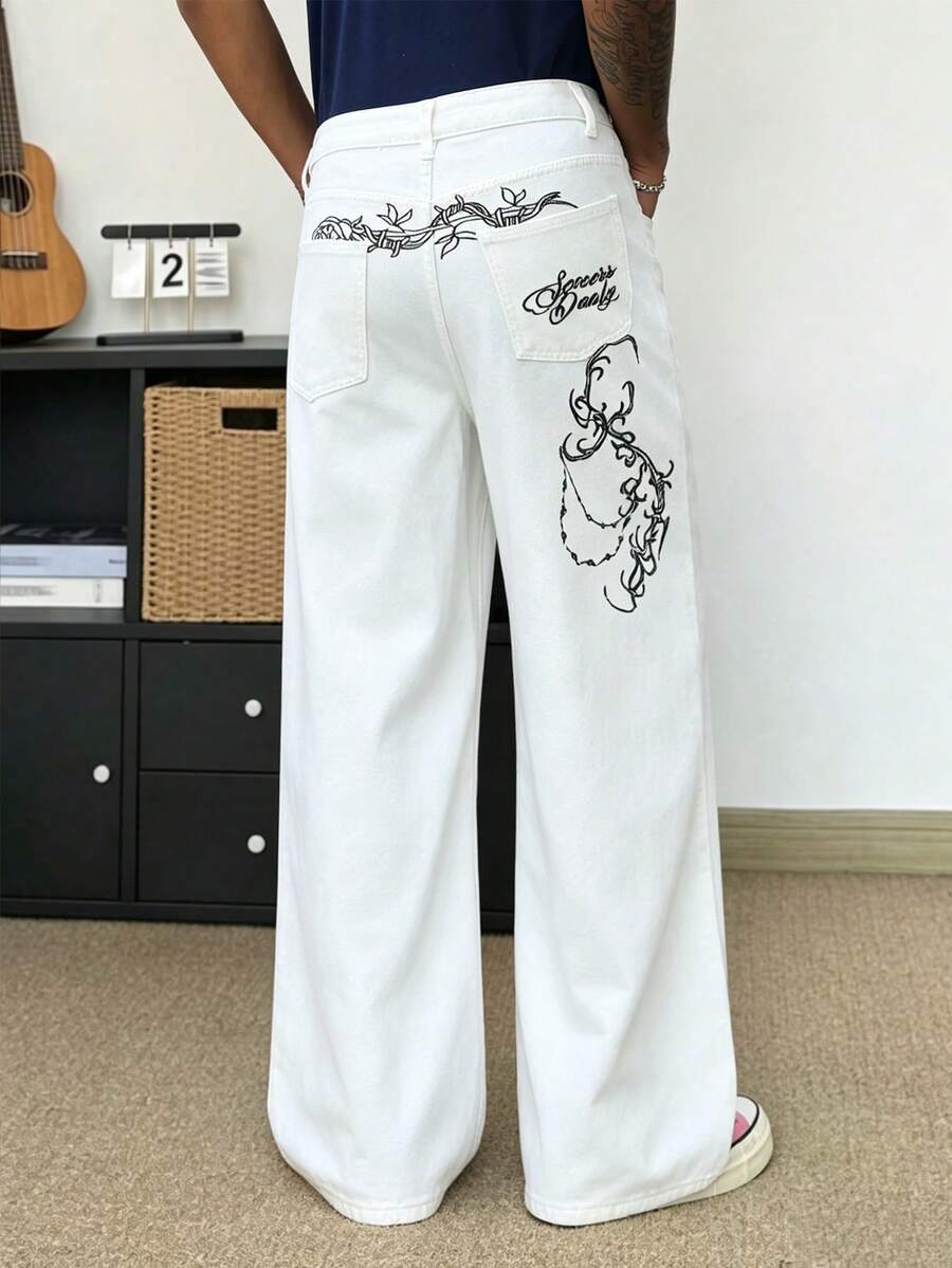 Manfinity EMRG Pantalones anchos y sueltos con bordado estilo americano para parejas - Blanco - Ver 1