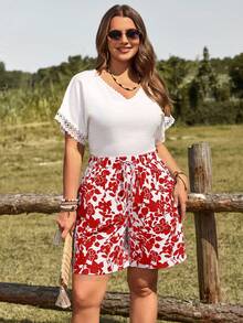 EMERY ROSE Quần short nữ cỡ lớn có dây rút ở eo, túi hai bên, in họa tiết toàn thân, kiểu dáng thường ngày đa năng. - Đỏ - Xem 5