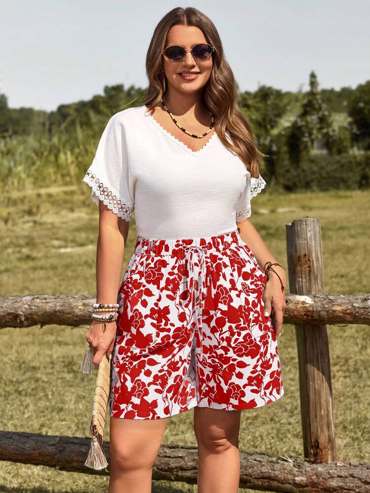 Plus Size Women Drawstring Waist Pockets All-Over Print Casual Versatile Daily Wear Shorts