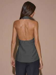 Blusa elegante de color café sólido con cuello halter sin espalda para mujer, top elegante, top con estilo de envoltura cruzada, otoño/invierno - Gris Oscuro - Ver 2