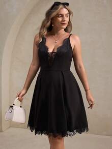 Elegantrix Plus Size Women's Spring/Summer French Elegant Outdoor/Date Tea Party/Casual Deep V-Neck Spaghetti Strap Lace Decor Waist A-Line Knit Mini Slip Dress - Black - View 7