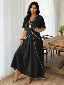 EMERY ROSE Vestido maxi de manga corta con bloqueo de color de algodón y lino color albaricoque, un vestido para mujer de talla grande adecuado para vacaciones casuales y salidas diarias en primavera y verano. - Negro - Ver 4