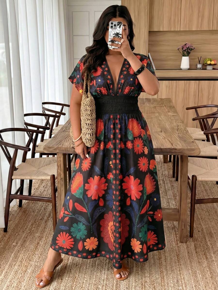 Weeklong Plus Size Floral Print Deep V-Neck High Slit Short Sleeve Dress - Multicolor - View 1