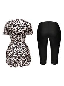 Swim Mulvari Leopard Print Waist-Cinching Modest Tropical Swimwear Two Pieces Set Beach Beige Black Summer - Multicolor - View 7