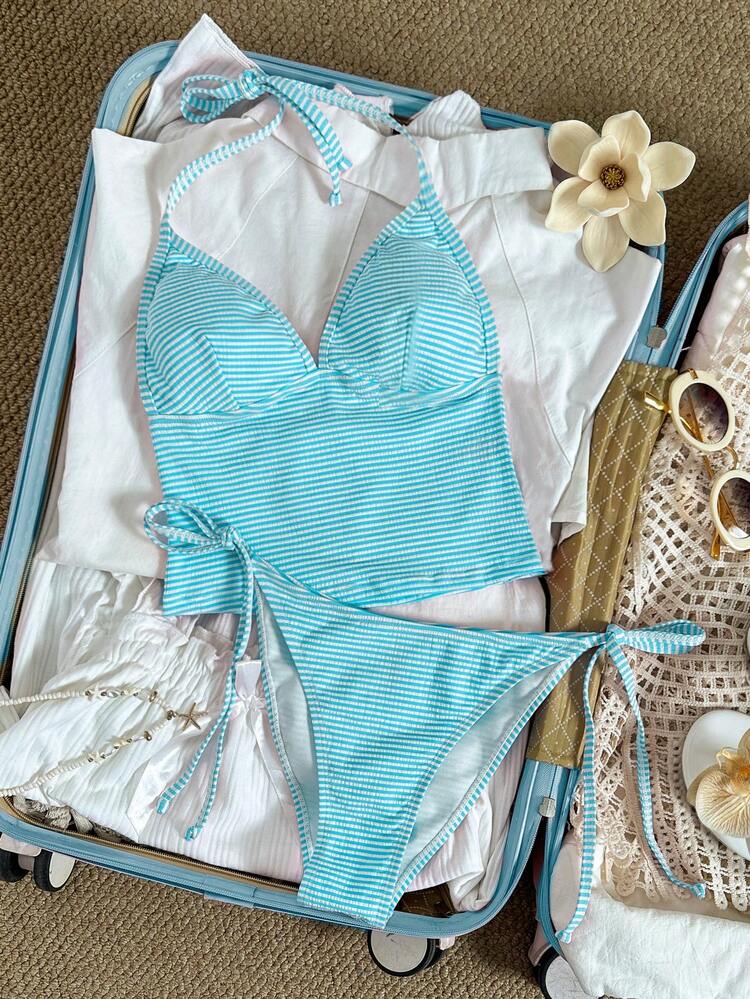 SHEIN Swim Mod Bộ bikini hai mảnh thanh lịch, ngọt ngào dành cho nữ, thích hợp cho kỳ nghỉ, được trang trí bằng ngọc trai và vỏ sò, chất liệu mềm mại, không gọng. - Màu xanh lam - Xem 8