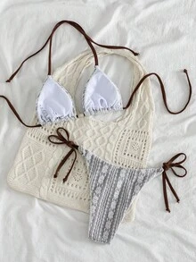 SHEIN Swim Vcay Bộ bikini 2 mảnh sang trọng, thanh lịch màu trắng ren móc và nâu caramel/nâu dành cho nữ, áo bơi cổ yếm đính hạt gỗ, quần bơi thong cạp cao gợi cảm cho kỳ nghỉ hè ở bãi biển, hồ bơi, phong cách retro Y2K Spice Hot Girl, lễ hội âm nhạc, tiệc brunch ven biển nhiệt đới, kỳ nghỉ trên đảo ven biển & phong cách hiện đại. - màu nâu - Xem 5