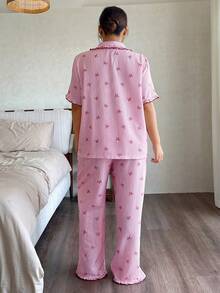 Napfluff CURVE Napfluff CURVE Cute Striped Bow Decor Short Sleeve & Pants Pajama Set, Casual Summer Loungewear For Girls - Red - View 2