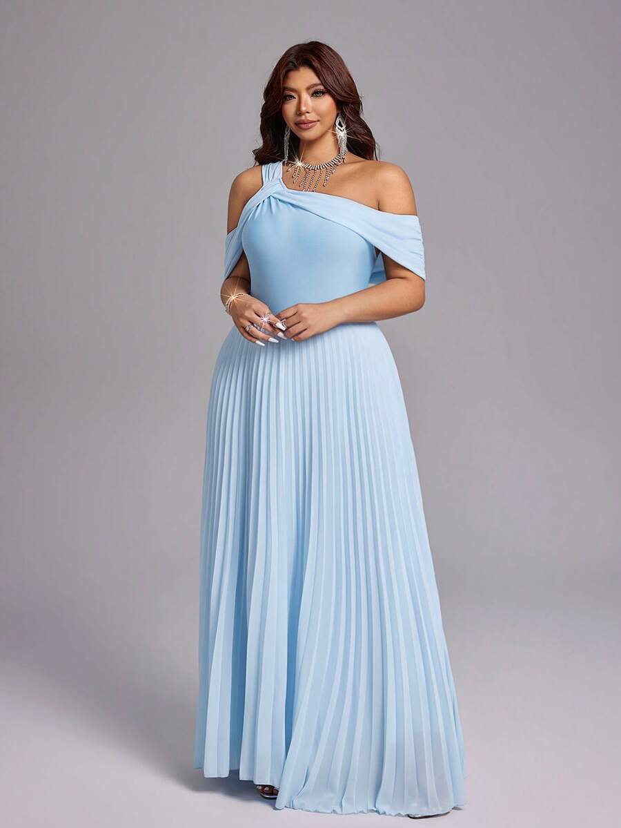 Viva Relle Plus Size Women Solid Color Asymmetric Neck Pleated Casual Party Dress - Blue - View 1