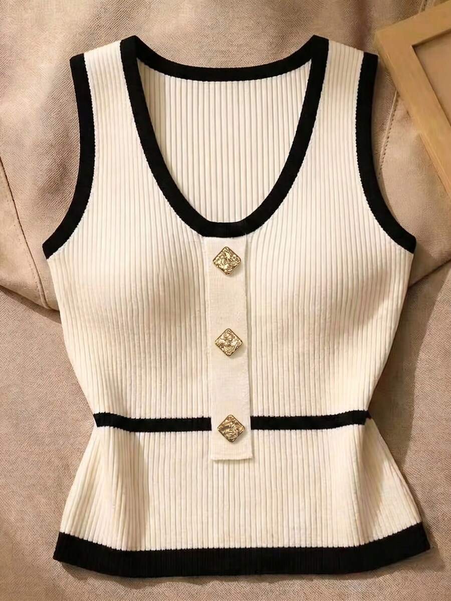 Resyla Nuevo top de punto de alta gama con hebilla de metal para el verano, en negro y blanco, para usar como prenda exterior o en capas - Blanco - Ver 1