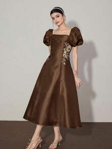 Modelyn Women's Floral Embroidery Square Neck Petal Sleeve Elegant Mid-Length Dress - Coffee Brown - View 9