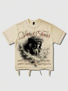 ROMWE MEN Street Life 男士街头风耶稣印花短袖T恤 - 杏色 - 查看 7