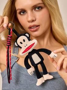 Paul Frank X SHEIN 1 Peça Pingente Peludo Tridimensional, Boneca de Macaco de Boca Grande, Pingente de Macaco Fofo, Que Pode Ser Pendurado em Bolsas e Chaveiros. - Preto - Visão 4