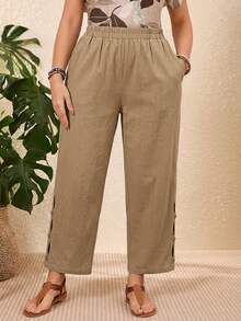 Rosumi Plus Size Vacation Casual Solid Color Hollow Out Pants,Summer Outfits For Women,Vacation Outfits Woman - Khaki - View 4