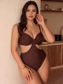 Swim Chiccia 大码女式纯色褶皱镂空性感连体泳衣 - 咖啡棕 - 查看 5