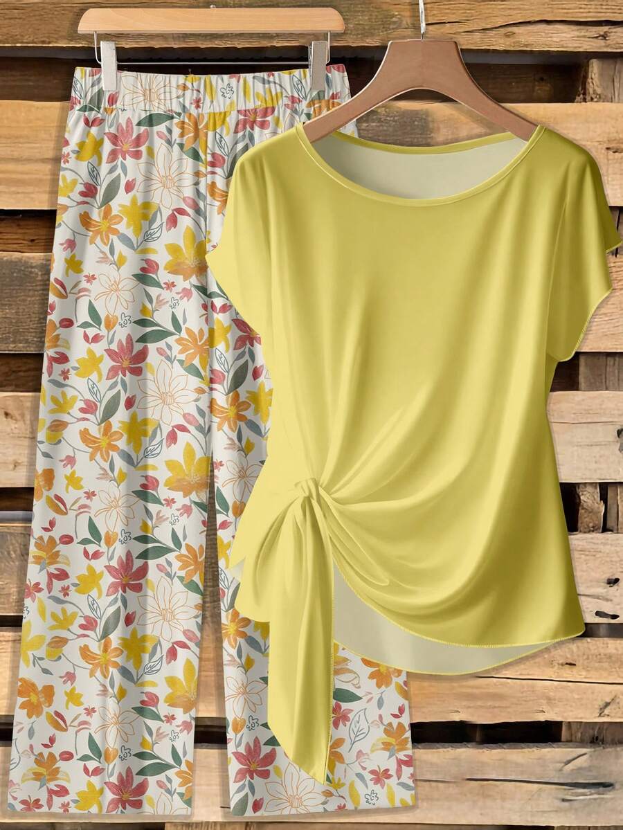SHEIN LUNE Bộ 2 món gồm áo kiểu in họa tiết và quần ống rộng thắt eo dành cho nữ. - Nhiều màu - Xem 1