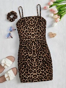 SHEIN Teen Girl Leopard Print Ruched Cami Dress (1 Scrunchie Included) - Black - View 2