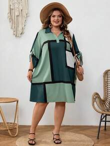 SHEIN CURVE+ 大码女式撞色长袖宽松休闲连衣裙 - 彩色 - 查看 2