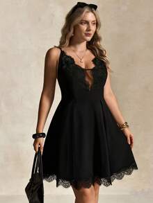 Elegantrix Plus Size Women's Spring/Summer French Elegant Outdoor/Date Tea Party/Casual Deep V-Neck Spaghetti Strap Lace Decor Waist A-Line Knit Mini Slip Dress - Black - View 3