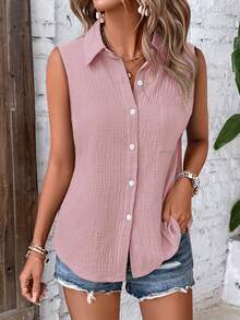 EMERY ROSE Áo thun nữ không tay, màu trơn, cài cúc phía trước, thoải mái, thoáng khí, thích hợp cho mùa hè. - Hồng - Xem 3