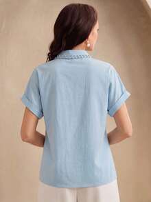 Anewsta Women's Luxury Light Blue Fashion Beaded Rhinestone Symmetrical Applique Turndown Collar Studded Short Sleeve Shirt - Blue - View 8