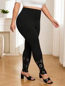 SHEIN CURVE+ 大码女式黑色镂空紧身打底裤 - 黑色 - 查看 7