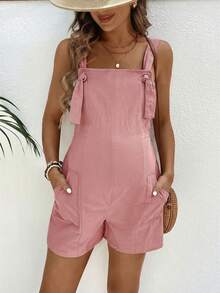 SHEIN Maternity Summer Minimalist Solid Color Double Pocket Backless Jumpsuit - Pink - View 5