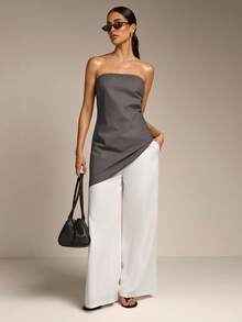 COSMINA Women's Charcoal Gray Asymmetric Hem Tube Top,Elegant Minimalist Chic Summmer Tops,Solid Color Fashionable Classy Formal Brunch Top For Woman - Dark Grey - View 1