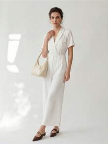 Uhlyne Mono de moda tejido, elegante monos de trabajo con cuello de solapa y pantalón largo para mujer - Blanco - Ver 1