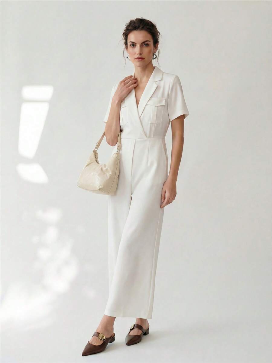 Uhlyne Mono de moda tejido, elegante monos de trabajo con cuello de solapa y pantalón largo para mujer - Blanco - Ver 1